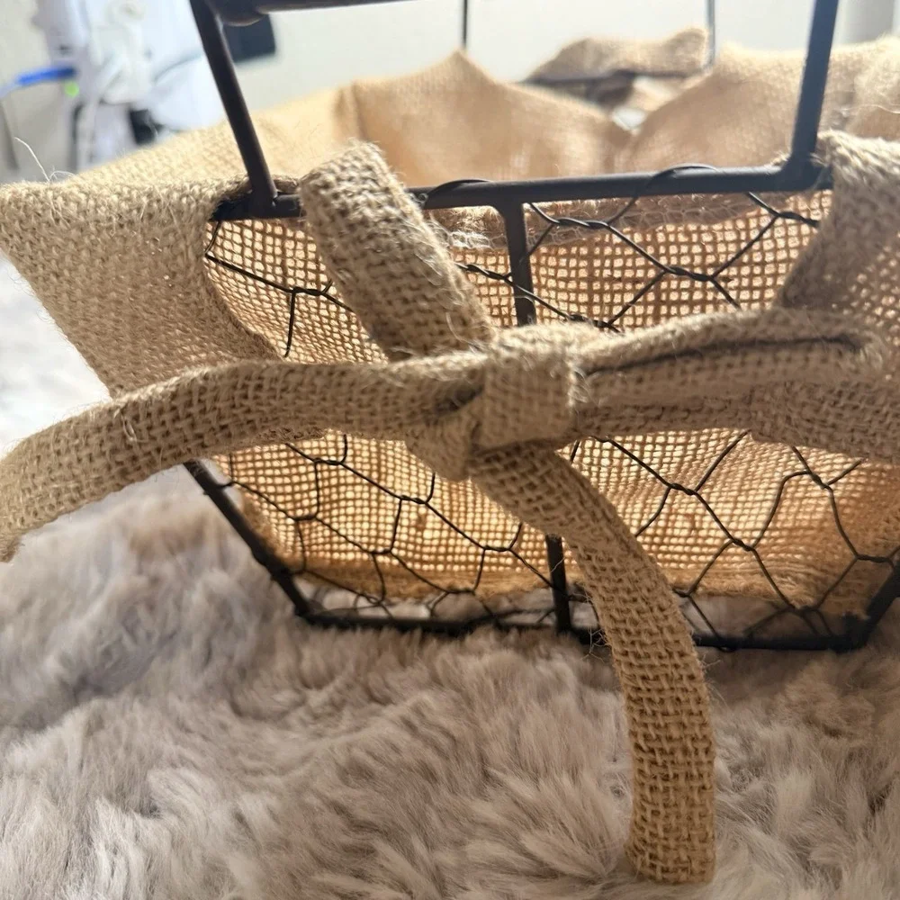 Rustic Wire Storage Baskets, Burlap Fabric Lined, Wood Handles, Set of 2